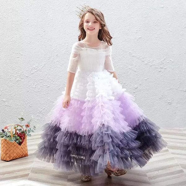 

girl's dresses flower girl illusion o-neck half pleat princess floor-length luxury white cute tulle lace elegant kids party gown h475, Red;yellow