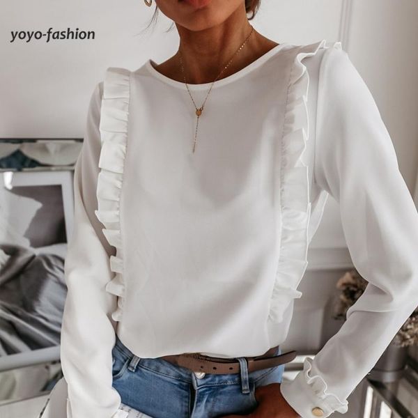 

women's t-shirt women 2021 spring autumn long sleeve ruffled tshirts casual solid color o neck pullovers ladies shirt with back button, White