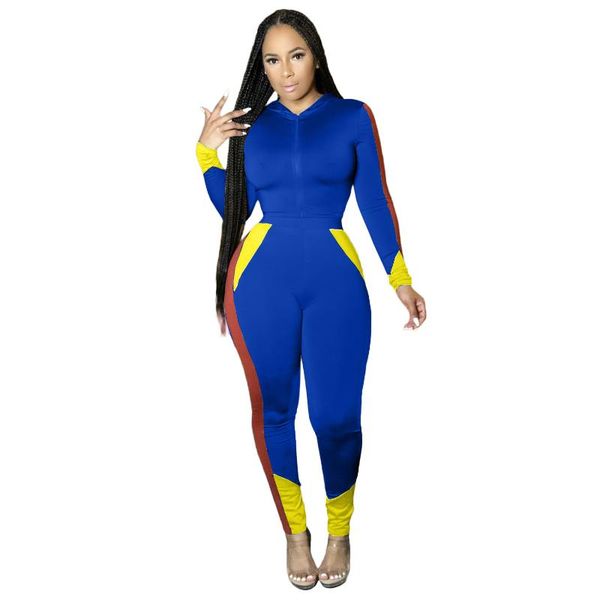 

women's two piece pants donsignet fashion suit autumn casual hooded collar zipper stitching color tight sports two-piece, White