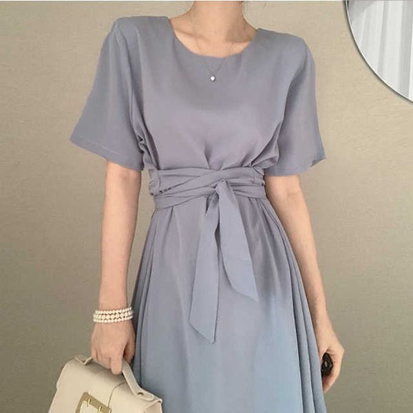 

mozuleva hubble-bubble sleeve round collar dress lace-up high waist korean style fashion women office dresses 210706, Black;gray