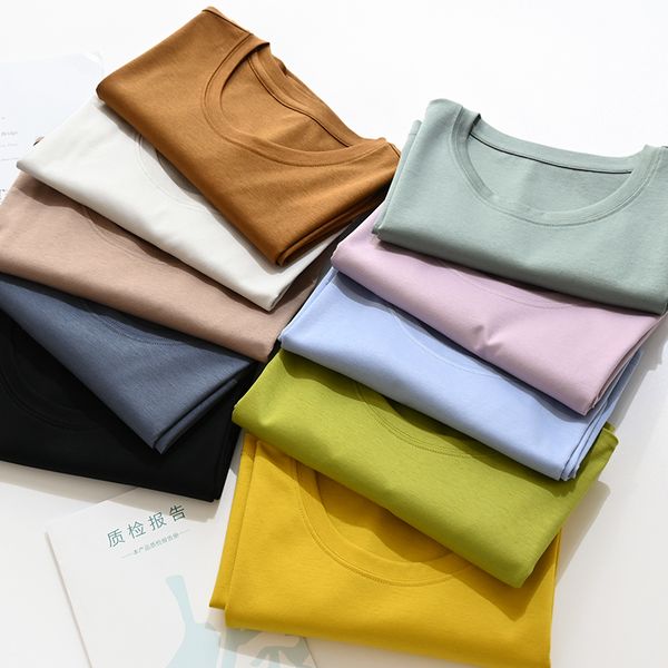 

women's t-shirt soft mulberry silk cotton t-shirts womens loose round neck short sleeve woman solid color summer high quality, White
