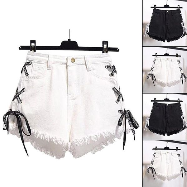 

women's shorts tassel denim women 2021 summer lace up jeans casual streetwear short femme, White;black