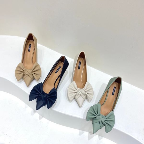 

fashion women pumps big bow design shallow slip on pointed toe casual thin high heels pumps beige/khaki/black/green elegant pump 210513