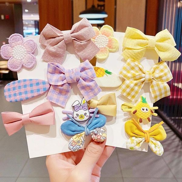 

hair accessories 7pcs/set girls cute cartoon flower bow hairpins kids lovely decorate side clips headband fashion, Slivery;white