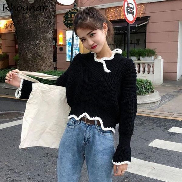 

women's sweaters women knitting fashion design korean style lady sweet loose cropped pullover all-match casual clothing female chic ins, White;black