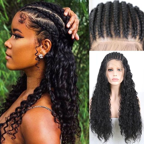 

black hair micro braided wig synthetic lace front wigs for women hand tied box 13*6 wig1