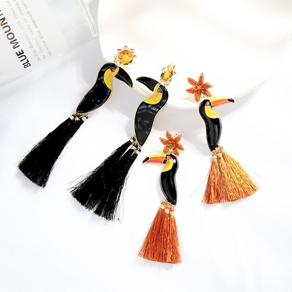

dangle & chandelier uer bohemia style hyperbole toucan drop earrings for women 2021 multicolor enamel animal black red cotton thread tassel, Silver