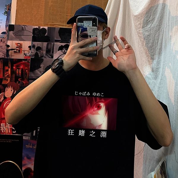 

dark kakegurui yumeko jabami japanese girl anime tee fashion loose women male t-shirt manga gothic eyes t shirt men, White;black