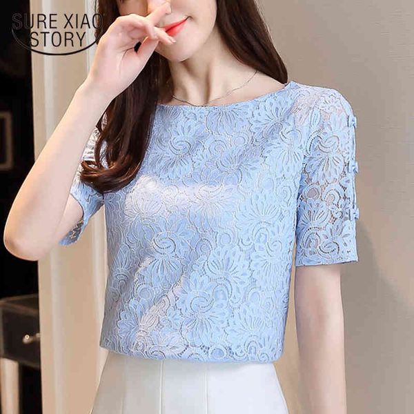 

summer solid lace collar fashion women blouses shirts o neck chiffon short sleeve female clothing blusas 0361 40 210415, White