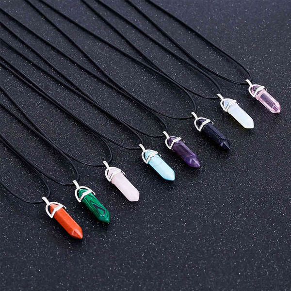 

necklaces pendants hexagonal column natural crystal stone pendant leather chains necklace for women trendy jewelry, Silver