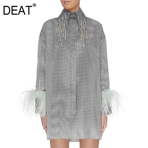 

spring and winter turn-down collar full sleeves fur patchwork striped gray color single breasted blouse wn42002l 210421, White