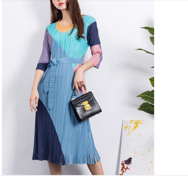 

dress miyake fold patchwork o-neck sashes tassel, Black;gray