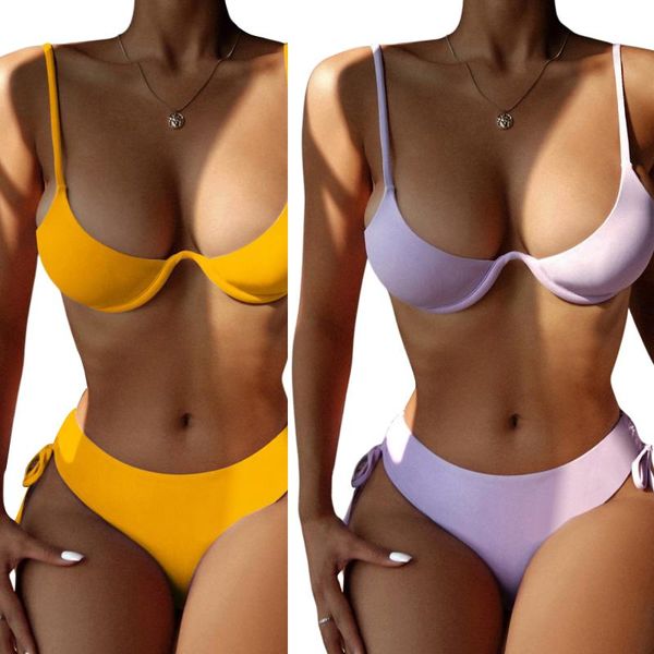

one-piece suits solid color high waist lace up bikini sets women ladies summer split swimwear set adults simple backless swimsuit