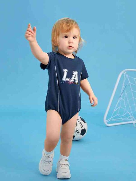 

baby letter graphic contrast piping bodysuit she, Blue