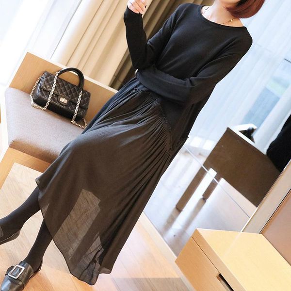 

casual dresses solid brief christmas pleated dress women good elastic ruched big swing loose oversized knitted sweater, Black;gray