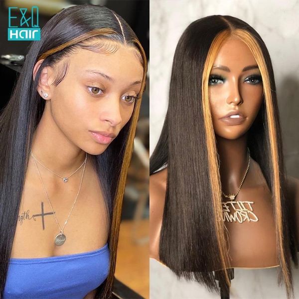 

straight human hair wigs brazilian remy highlight honey blonde part lace wig 150% front for black women1, Black;brown