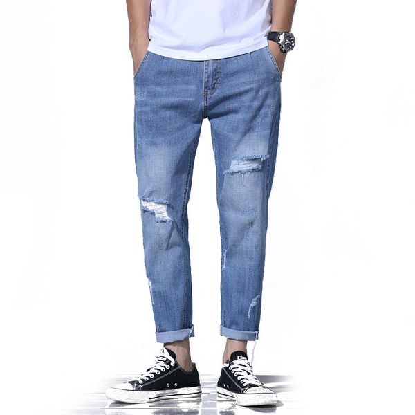 

men's jeans stretch loose and thin harem pants light blue nine-point ripped casual increase