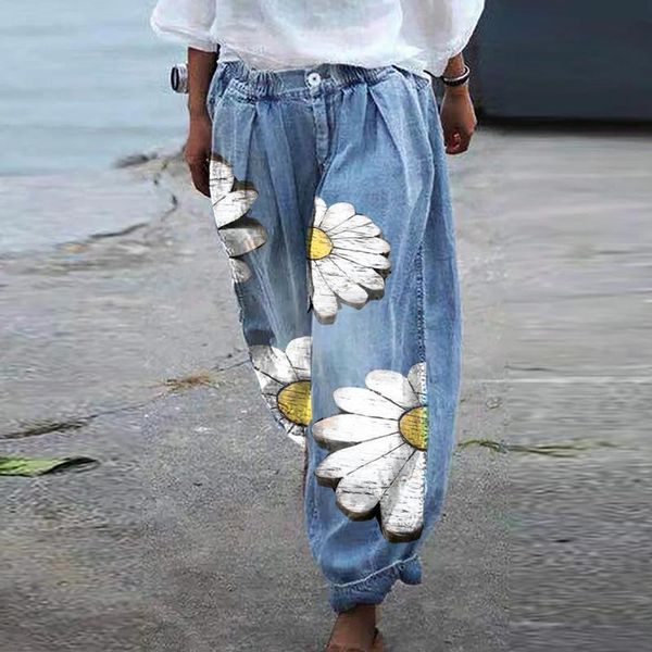 

women's jeans women elastic waist harem loose denim pants chic daisy print button imitation cowboy spring summer streetwear trousers, Blue