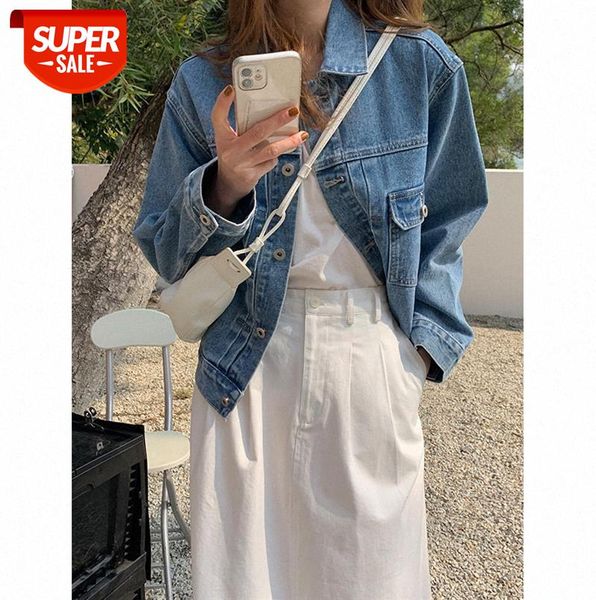 

tg washed cotton denim jacket women korean lapel long sleeve loose trend 13582 #h160, Black;gray
