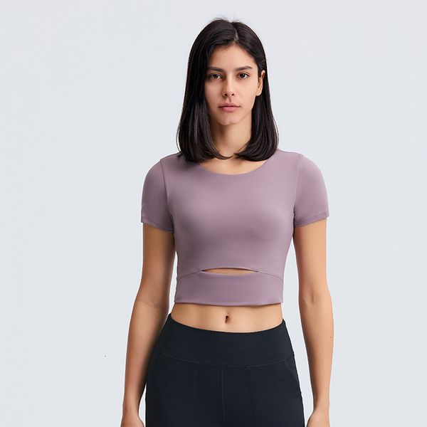 

slim yoga solid color hollow out short sleeve t-shirt with chest padded sports bra for women running fitness crop top, White