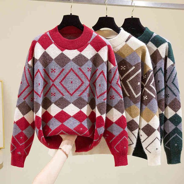 

women's knits & tees vintage geometric rhombic winter sweater women long sleeve o-neck knit pullovers female korean loose pul, White