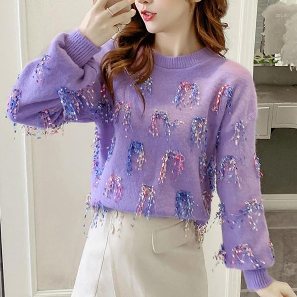 

women's sweaters winter novelty colorful pull-over korean o neck long sleeved loose rainbow ribbon tassels sweater knitwear, White;black