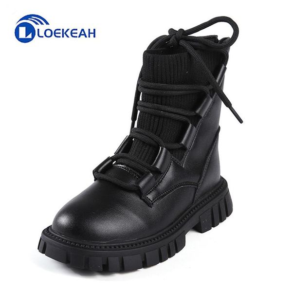 

boots kids short cross tied fashion girls mid-calf platform pu knitting child high shoes zipper soft sole non-slip, Black;grey