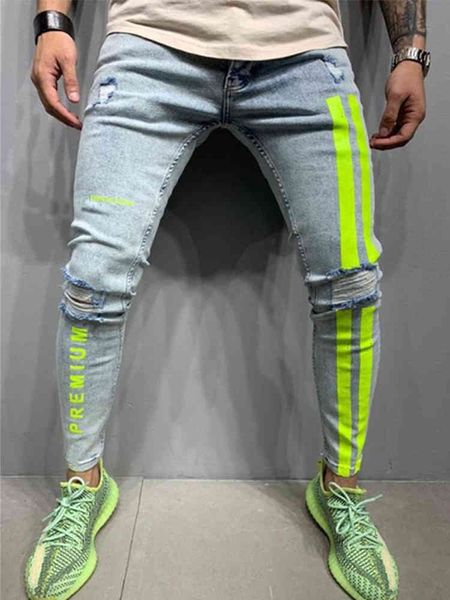 

men's jeans striped bicycle jeans with zipper, torn, slim, stamped, big size, vintage, hip hop, working pants 72f1, Blue
