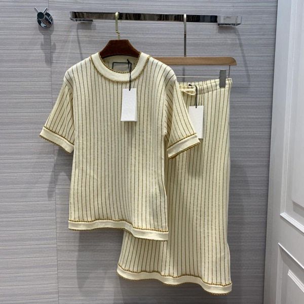 

ladies skirt spring summer wool blends 2 piece set women gold threads embroidery vertical stripes short sleeve knit t-shirt skirt suit, White