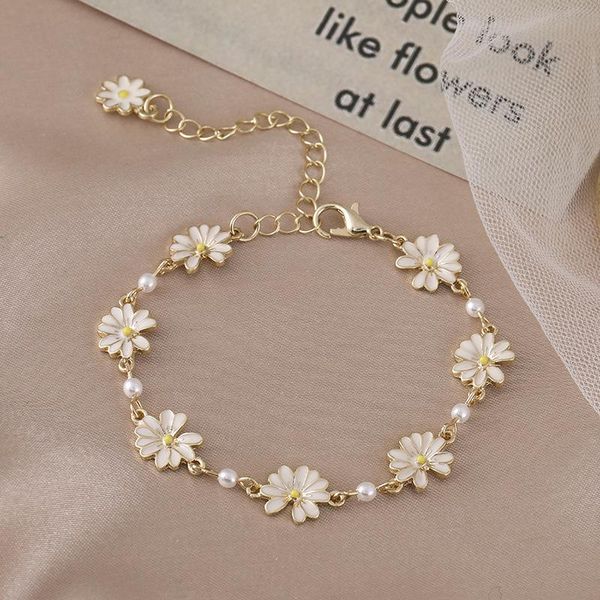 

charm bracelets korea designs daisy flower bracelet for women cute with pearls girls wristband hand jewelry accessories, Golden;silver