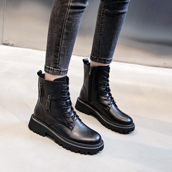 

boots 2021 fashion women autumn winter shoes soft bottom 100% genuine leather flat mid calf casual warm boot, Black