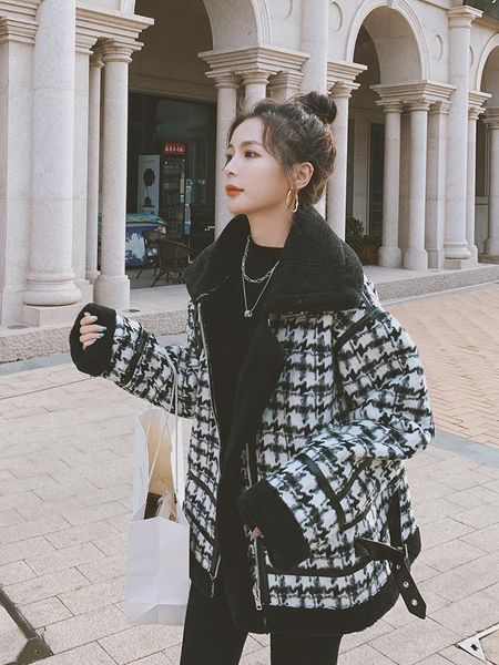 

women's fur & faux women 2021 autumn winter vintage plaid coat female oversized casual jacket ladies outerwear thick warm overcoat c403, Black