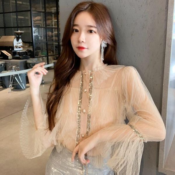 

fashion women's blouse shirt autumn and winter flare sleeve perspective mesh + camis two-piece two piece pants, White