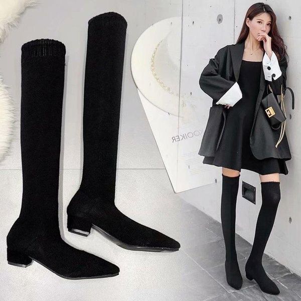 

boots knight thick cylinder heel socks woman overknee, Black