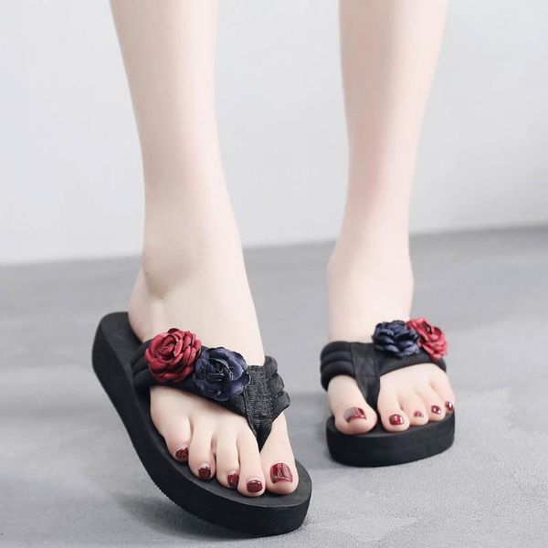 

slippers women summer flower clip toe flip flops woman casual shoes 2021 female wedges beach non-slip shoes#0105, Black