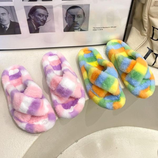 

slippers winter mixed-color house women fur rainbow color bedroom girls plush shoes open toe indoor ladies furry, Black