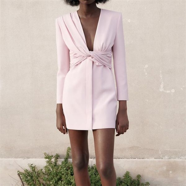 

women summer casual blazers dress za long sleeve bow tie solid female elegant street ol mini dresses clothes vestidos 210513, White