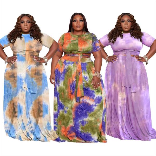 

plus size street hipster style womens tracksuits clothing fashion casual tie dye loose long skirt two piece set, Gray