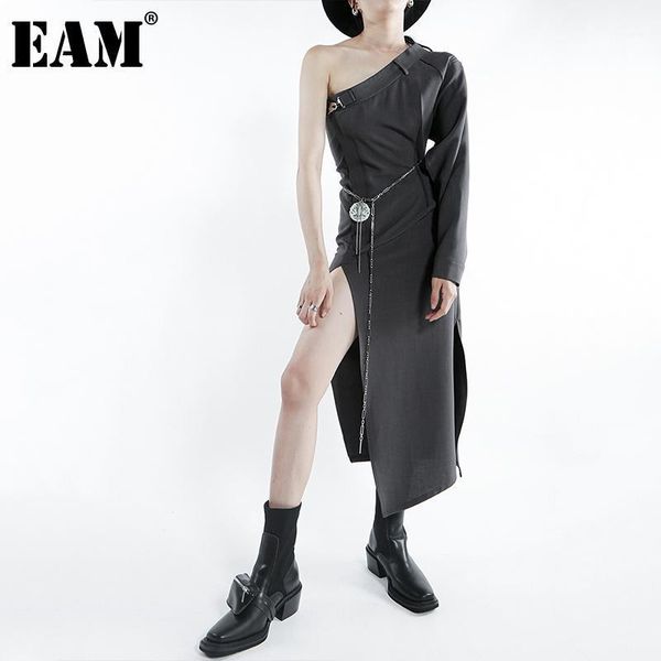 

casual dresses [eam] women gray irregular slit long dress asymmetrical collar sleeve loose fit fashion spring autumn 2021 1dd9747, Black;gray