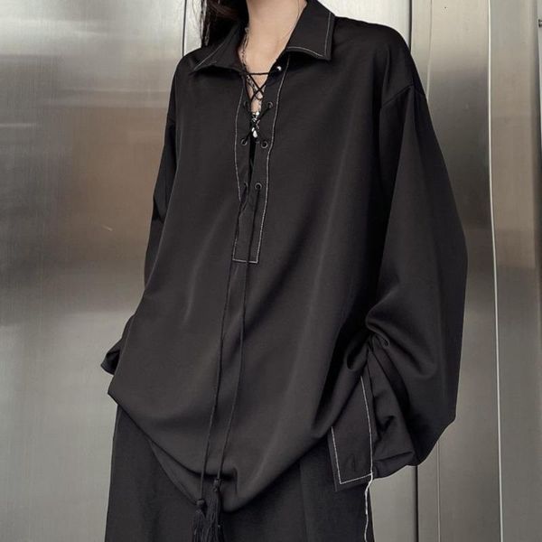 

men's casual shirts 2021 fashion trend tassel binding rope pullover black color camisa masculina coat streetwear clothes -xl, White;black