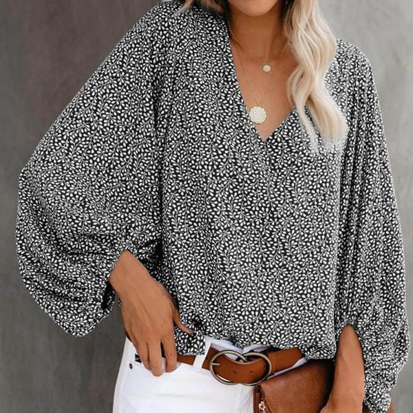 

women's t-shirt ladies v-neck loose comfortable shirt floral print lantern sleeve top, White