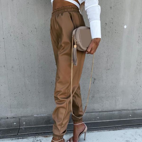 

women's pants & capris simple temperament pure color trousers joggers faux leather comfy, Black;white