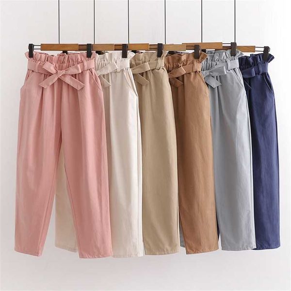 

summer elastic waist casual pants women with belt cotton harun pants womens cotton pink ladies wide pants 211112, Black;white