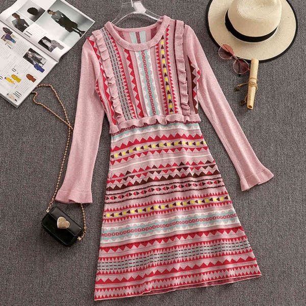 

korean autumn sweet striped rainbow pink dress up silk knitting glittering female sleeve long ruffians dressed in knitted or, Black;gray