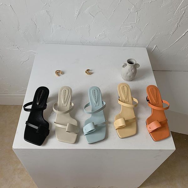 

slippers clip toe women 2021 summer solid color spike mid heels casual outdoor sandals slides narrow band candy flip flops, Black