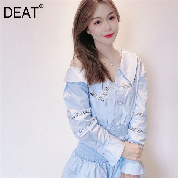 

women blue patchwork asymmetrical hole dress diagonal collar long sleeve slim fit fashion tide summer 7e0076 210421, Black;gray