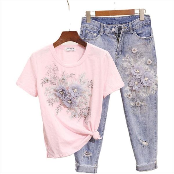

summer fashion embroidery 3d womens jeans flower t shirts two pieces set suits, Blue