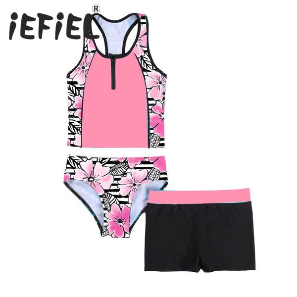 

one-piece suits 4-16 years kids girls tankini set 3 piece floral print sleeveless racerback tank vest shirt short and bikini triangle swimwe