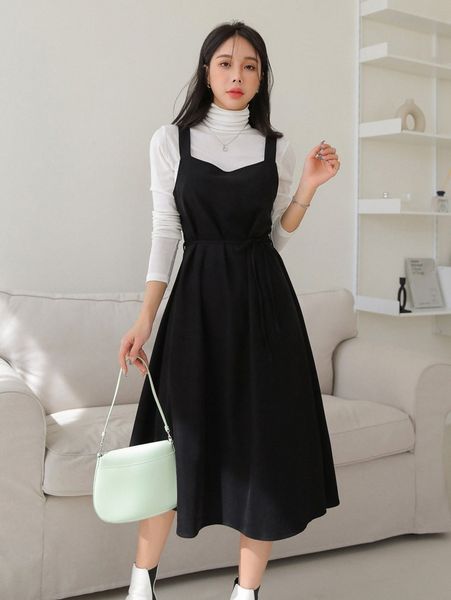 

dazy solid belted overall dress without d7m4#, Black;gray