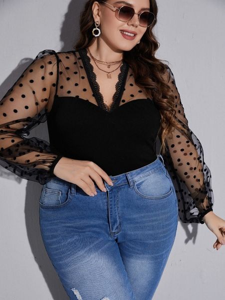 

plus bishop sleeve lace trim z5s7#, Black